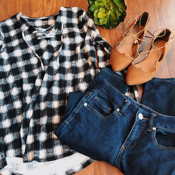 3/$10 SALE! Plaid Shirt Black and White Lace Up - Picture 7 of 7